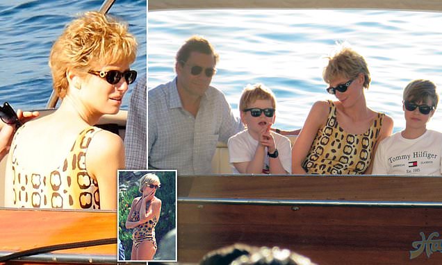 The Crown’s Elizabeth Debicki mirrors Princess Diana in a leopard print swimsuit as she joins Prince Charles actor Dominic West to continue filming scenes for tense 1991 trip to Italy where royal couple’s marriage hung by a thread